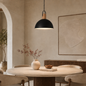 LLP Berlo Black 500 Pendant Light with black coated metal dome shade and warm timber finish collar on black chain
