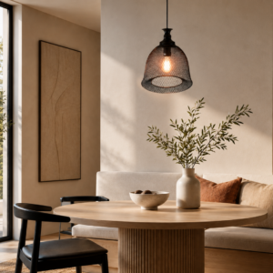 LLP Fleximesh industrial pendant light styled over dining table in contemporary interior setting