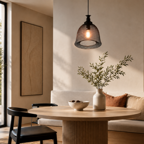 LLP Fleximesh industrial pendant light styled over dining table in contemporary interior setting
