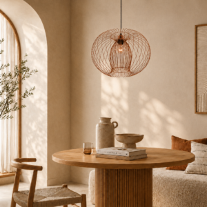 LLP Kidman 450 copper wire pendant light styled over dining table in contemporary interior setting
