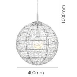 LLP Luna 400 pendant light close up showing intricate aluminium wire weave with pearl and bead accents on globe shade