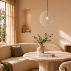 LLP Luna 400 Pendant Light styled as glamorous centrepiece in contemporary living room interior