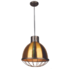 LLP Nakia Antique Brass Pendant Light with warm brass dome shade and graphite wire cage on black cord suspension against white background