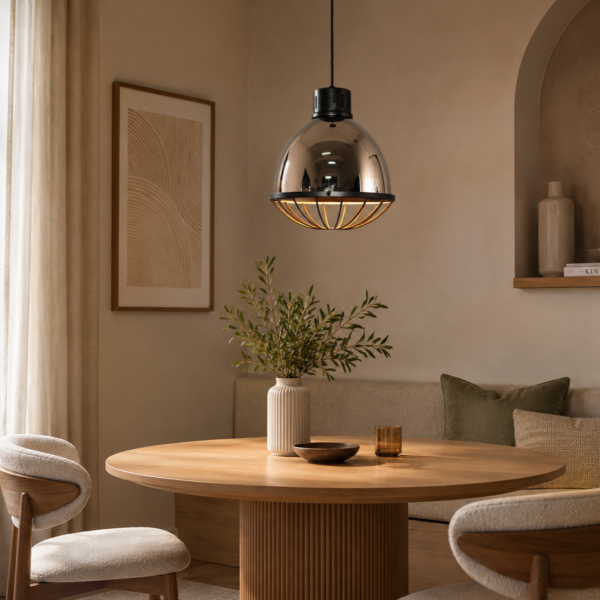 LLP Nakia Nickel industrial pendant light styled in contemporary interior setting