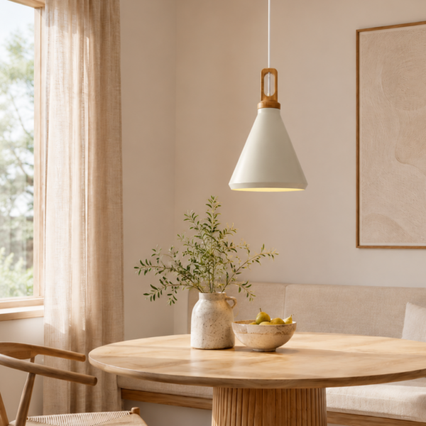 LLP Nui White Pendant Light styled over kitchen bench in bright Scandinavian-inspired interior