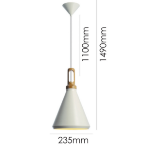 LLP Nui White Pendant Light with white coated metal cone shade and warm timber finish collar on white cord suspension against white background