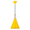 LLP Nui Yellow pendant light featuring yellow metal cone shade with natural timber accent and black cord suspension