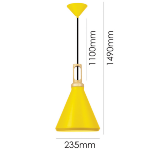 LLP Nui Yellow Pendant Light with bold yellow coated metal cone shade and warm timber finish collar on black cord