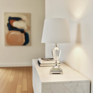 LLT Aden White Table Lamp with faceted crystal urn base and chrome trim