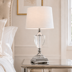 LLT Aden White Table Lamp with faceted crystal urn base and chrome trim