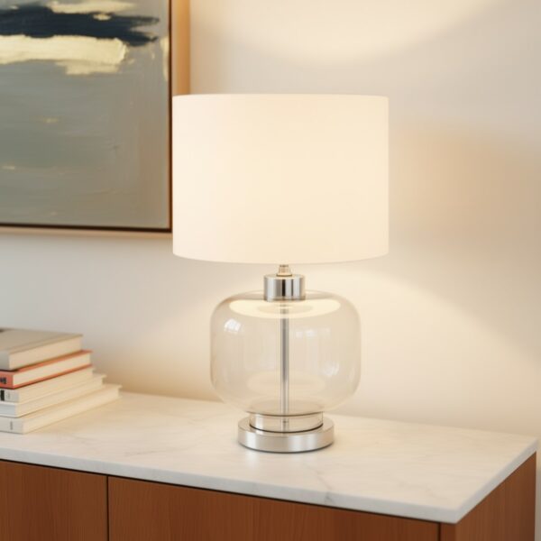 LLT Bonnie white glass table lamp with coffee base and white drum shade