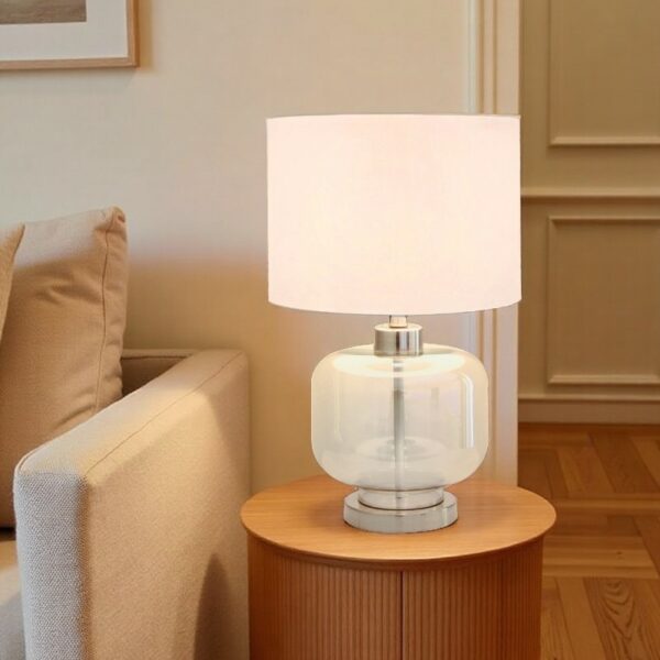 LLT Bonnie white glass table lamp with coffee base and white drum shade