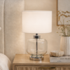 LLT Bonnie white glass table lamp with clear coffee glass base and white drum shade