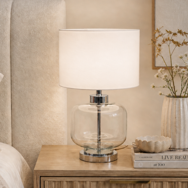 LLT Bonnie white glass table lamp with clear coffee glass base and white drum shade