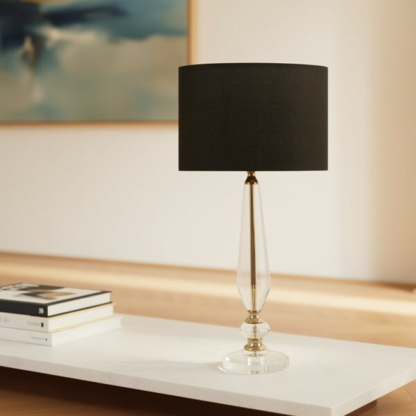 LLT Brianna Black Table Lamp with faceted crystal stem and gold accents