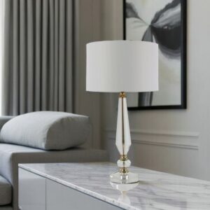 LLT Brianna White Table Lamp with faceted crystal stem and gold accents