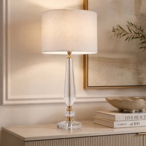LLT Brianna White Table Lamp with faceted crystal stem and gold accents