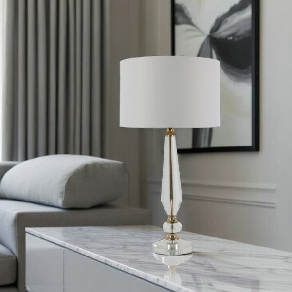 LLT Brianna White Table Lamp with faceted crystal stem and gold accents
