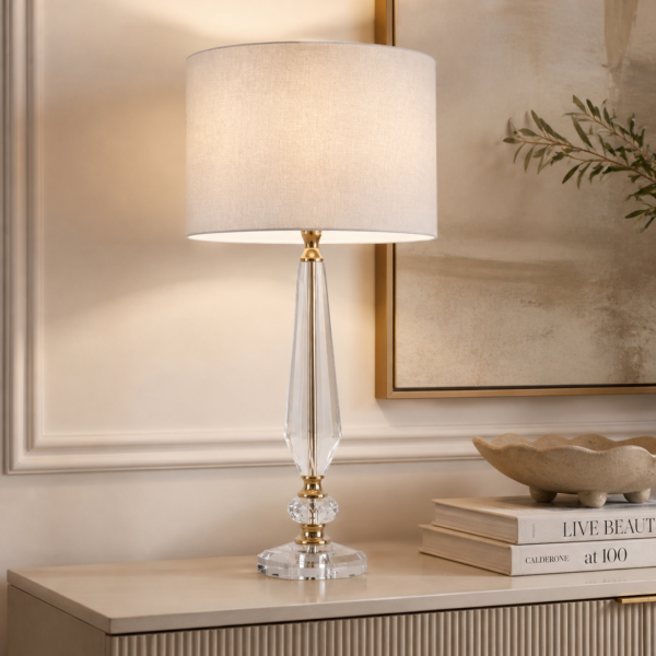 LLT Brianna White Table Lamp with faceted crystal stem and gold accents