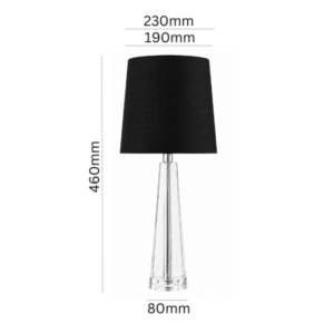 LLT Evie Black Table Lamp with tapered crystal base, chrome accents and black drum shade against white background