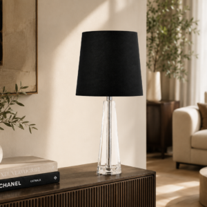 LLT Evie Black Table Lamp with tapered crystal base and chrome trim
