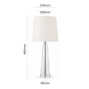 LLT Evie White Table Lamp close up showing tapered clear crystal base with polished chrome collar detail