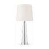 LLT Evie White Table Lamp close up of white fabric drum shade and chrome fitting where shade meets crystal base