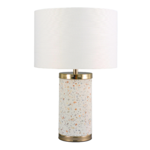 LLT Jerry white terrazzo table lamp with gold base and off-white linen shade