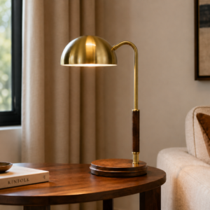 LLT Felix bedside lamp with dome metal shade and timber base