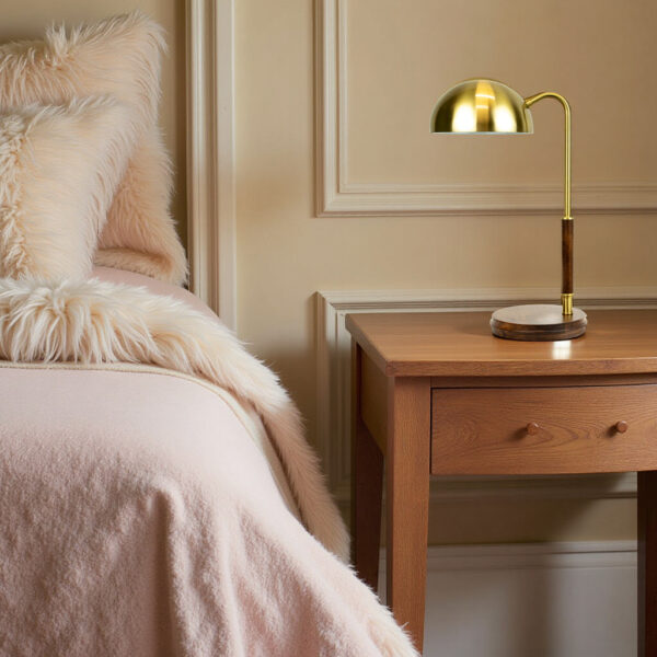 Modern bronze desk lamp with wood base for bedroom or office