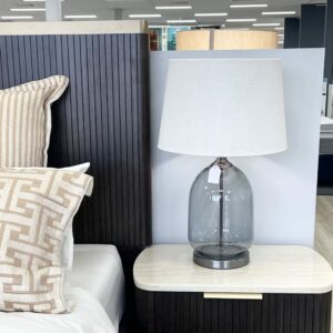 LLT Sophy Linen Natural Table Lamp with smoked glass base and nickel trim