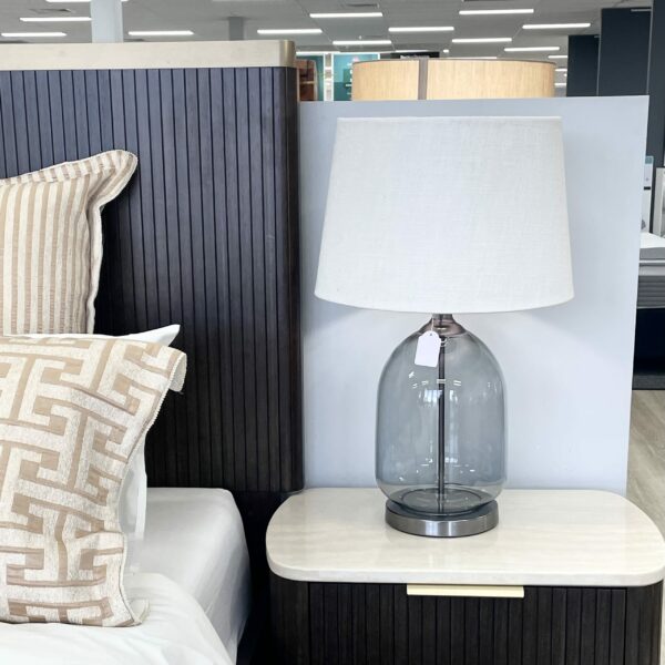 LLT Sophy Linen Natural Table Lamp with smoked glass base and nickel trim