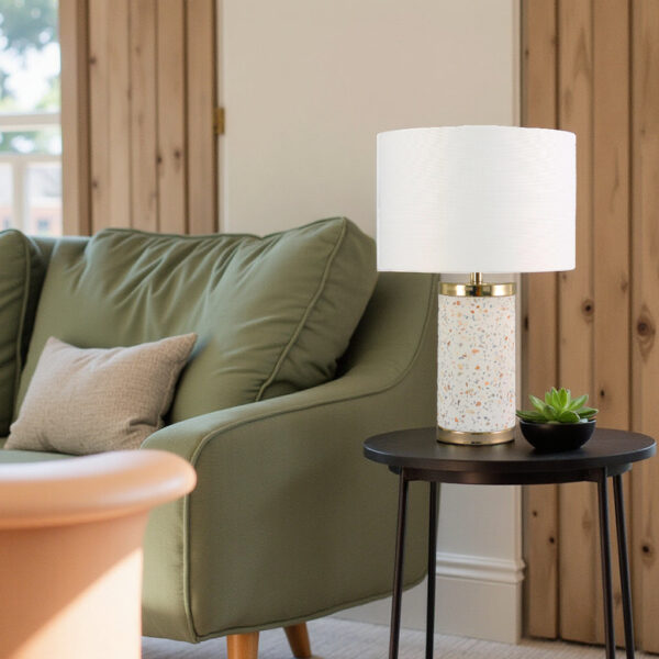 LLT Jerry white terrazzo table lamp with gold base and linen shade