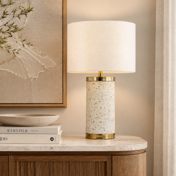 LLT Jerry white terrazzo table lamp with gold base and off-white linen shade