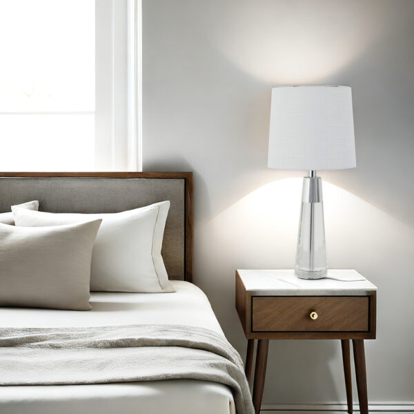 Modern white table lamp with chrome and crystal details