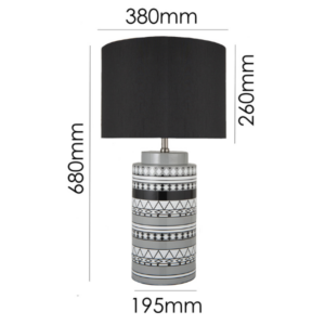 Black and white ceramic table lamp with black drum shade
