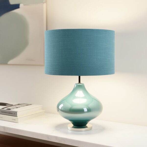 LLT Topaz Table Lamp with blue glass base and linen shade