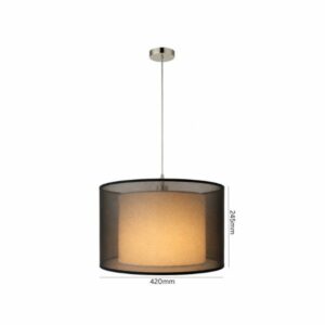 LLP Civic pendant light hanging from brushed nickel ceiling rose on clear cord showing full double drum shade profile