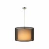 LLP Civic Pendant Light with sheer black organza outer drum shade and warm white inner shade on clear cord against white background