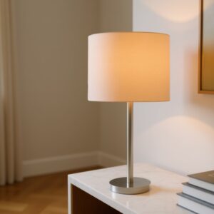 LLT Flynn Peach Table Lamp with brushed nickel base and pink shade