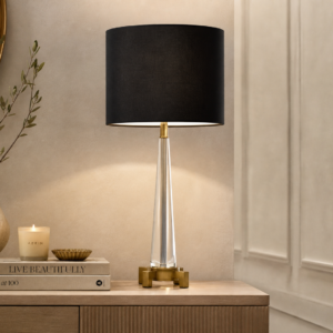 LLT Leon Black Table Lamp with antique brass base and crystal stem