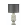 Refined architectural stone-look lamp with black textured fabric shade