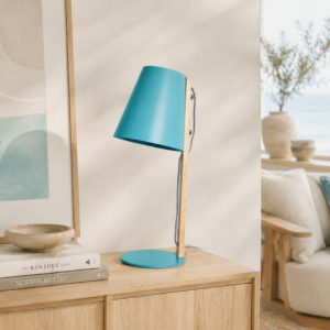 LLT Frolic Ocean Blue Table Lamp with metal shade and timber stem