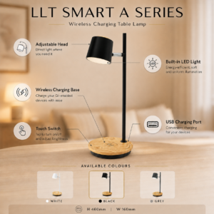 LLT Smart A Black lamp featuring wireless charging, USB charging, touch switch and adjustable head