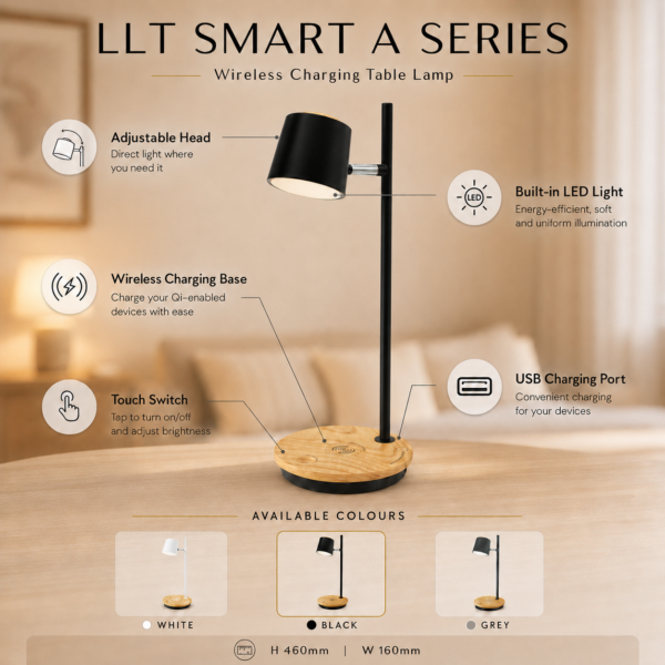 LLT Smart A Black lamp featuring wireless charging, USB charging, touch switch and adjustable head