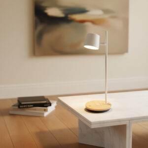 LLT Smart A White wireless charging table lamp styled on a modern bedside table