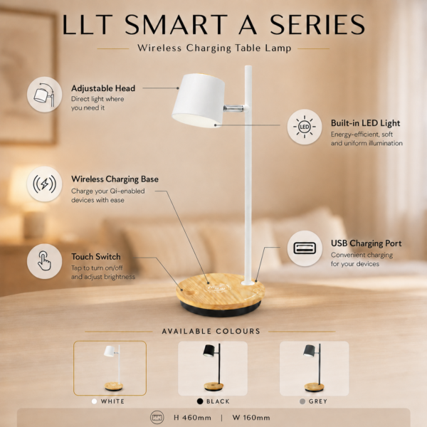 LLT Smart A White lamp featuring wireless charging, USB charging, touch switch and adjustable head
