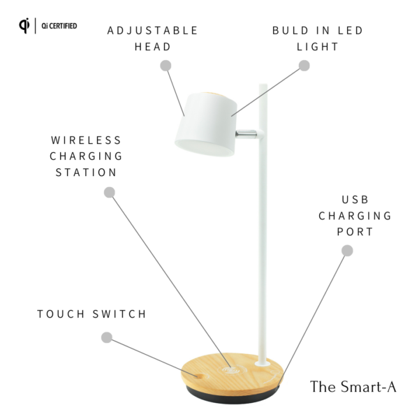 LED touch lamp with faux timber base and adjustable white metal shade