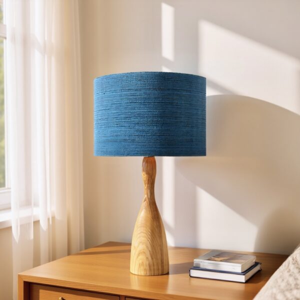 LLT Schroder Blue Table Lamp with faux timber finish base