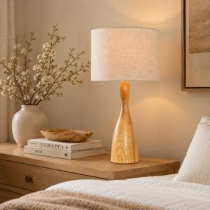 LLT Schroder table lamp with faux timber base and natural linen drum shade